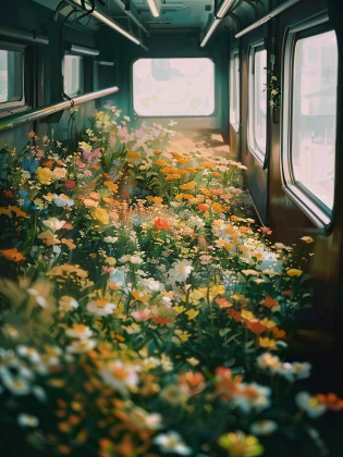 There are a lot of flowers on the train carriages, The windows are open, an aesthetic field of flowers, Inspired by Elsa Bleda, nature and floral aesthetics, Full of flowers, floral environment, there's flowers everywhere, Overgrown with flowers, humanoids overgrown with flowers, Flowers everywhere, Lots of flowers, flowers sea everywhere, beautiful  flowers, in a field of flowers