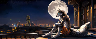((Solo)), male people, anthro wolf, (Multi-colored fur, White-brown:1.3, White tail pointed), ((Wolf face, White hair, Big eyes, White eyelids, Blue pupil, Slim:1.2) (Tough, Calm expression:1.2)), Abs, Slim, pinging)), (Correct anatomy), (Work shorts:1.1), The upper body is naked, (detailed outfits),A big tail?Feet?Long legs?(Realistic fur, Detailed fur texture, labeled:1.3)), (Natural lighting), Photorealistic, Hyperrealistic, ultradetailed, by Kenket?In the modern city?Roof roof?the night?Sit alone?Look at the full moon?It was dark?Starry