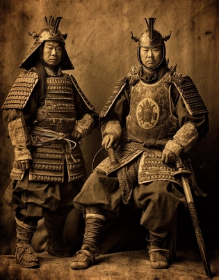 two samurai in armor stand in a black and white picture, in the style of uniformly staged images, in the style of vintage sepia-toned photography, 32k uhd, dark indigo and silver, neo-mosaic, wet plate negatives, edgy political commentary, intricate detail --ar 179:230 --quality 2 --s 750 --v 5. 1