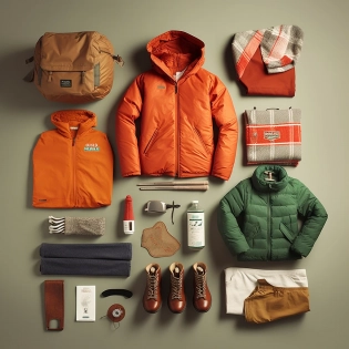 knolling 1960s style camping wear, photoreal