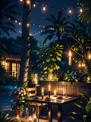 ((masterpiece)) picture of a private resort scene,( low light), night time sky full of stars and moon,((luminating)) fairy hanging lights in the resort garden, (( romantic theme)), (boho style small private resort) , , beautiful candle night dinner table , there's small candle decoration in ((the garden)), (beautiful resorts with romantic dinner table ), ((detail everything)) ((small details)), (hanging light) ivy plant decorate the garden small {water decoration}, inspired by seni or environment artist, ((modern resort)), ((Boho style resort with romantic candle night dinner)), (intricate details), ((ultra-hd)) unreal engine (fantasy art), (( unreal engine)) render concept art,  ((glowing )), pictur e capture with each every (((small details))), ((highly detailed))