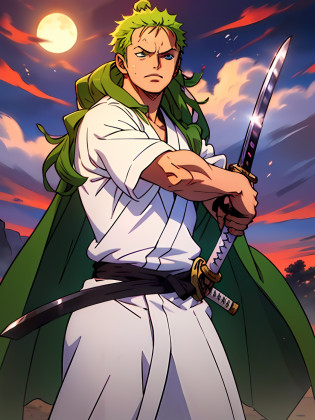Roronoa Zoro (Masterpiece, 4k resolution, ultra-realistic, very detailed), long GREEN straight hair, (Theme of white samurai, charismatic, there is a swordsman next to a Japanese 