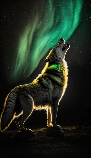 wolf howling at the aurora borealis, legs 4, night time, sky, stars, photorealism, hyper realistic, shot on 65mm, long exposure --ar 9:16 --q 2 --v 4