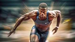 A sprinter exploding off the starting blocks as kinetic photography: Captures the intensity and power of the athlete�s movement, using a slow shutter speed to create a sense of speed and motion. Photography, using a shutter speed of 1/40s, aperture of f/5. 6, and a Fujifilm X-T4. ?�?ar 16:9?�?v 5?�?q 2?�?s 750