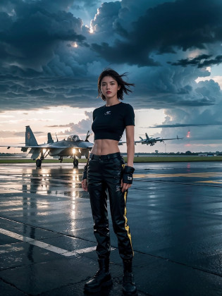 ((smallunderboob,Tomboyish,small heads)), (Well-defined abs: 1.1), (perfect bodies: 1.1), (short-length straighthair: 1.2), Black hair, upper body photos,??????CG 8k?????Extremely refined and beautiful???tmasterpiece???best qualtiy?1.0?????????1.0??beautiful light up?Perfect lightning?realistic shaded?[A high resolution]?Smooth and flawless fair skin?ultra�-�detailed ?Elongated legs?flatchest?Slim?emaciated?Female repairman?At military airfields?On the tarmac of a fighter?open air?summertime?in the afternoon?Severe cloudy days?Rainy days?dark stormy clouds?No sunlight?Dimly lit?with intense rain?Next to the huge Su-27 fighter?Under the wing of the fighter?Next to the landing gear of the fighter?Next to the tires?are standing?Wear dirty dark blue gloves on both hands?Dark blue short-sleeved T-shirt?Dark blue suit trousers?Dark blue cloth shoes?Wet hair?The clothes and pants were soaked?The body is filled with water droplets?Hold a red flag in your left hand?Hold a green flag in your right hand