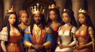 Great African king surrounded by his 4 beautiful queens in a surealist dec
