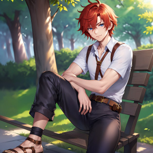 2D anime character, anime character, 2d character, male character, male anime character, solo character, 1 character, male character alone, light skin, light-skinned character, beautiful skin, red hair, short hair, messy hair, western style, casual clothes, shirt, black shirt, shirt with details, shirt without print, beautiful shirt, cute character, beautiful eyes, blue eyes,  light eyes, serious look, corner smile, lip smile, beautiful background, landscape background, park, character sitting, sitting on bench, character in park, black pants, pants with details, golden details on pants, belt, white belt, belt on pants, athletic body, beautiful body, perfect body, beautiful legs, beautiful arms, perfect hands, beautiful hands, beautiful picture, perfect picture, perfect picture,  perfectionism, detailed image, best quality, perfectionism, focused image, approximate image, character with only two legs, normal physiognomy, character with only two arms, normal body