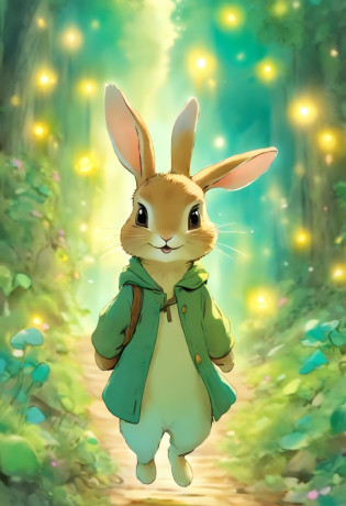 comi? style, painted in vivid watercolor, Bipedal rabbit, Roupas fofas, olhos verdes, branco, cinza, azul. amarelo, extremamente detalhado, altamente detalhado, obra prima, Fundo do conto de fadas, Wonderland, dynamic colours, Luz de conto de fadas, Directed by: Beatrix Potter, Susan Wheeler, Cristopher Denise e Jean-Baptiste Monge, UHD 32k
