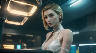 (8k, ARTISTIC photography, best quality, masterpiece: 1.2), (realistic, photorealistic: 1.37), (((Elizabeth Debicki))) over-detailed, (high-detail skin: 1.2), 8k uhd, SLR camera, soft lighting, high quality, film grain, Arri Alexa, cinematic lighting, photonic display, brightness, physically rendered photo (80s style elegant Female villain in a nightclub), cute face, ( red neon sign background lights) ((no smile)), over-detailed face, (((Elizabeth Debicki))), short hair, blonde, cybernetics (( dressed futuristic Alexandre Vauthier dress)), ((( white latex clothes )), ((( intricate outfits))), posing, a nightclub with neon lights, dark nightclub, smoking (((pure 8K))), (((perfect anatomy))), extremely high-quality graphics, Riddley Scott, Blade Runner, Denis villeneuve (((cinematic lighting))), ((clear details)), complex, highly detailed background,