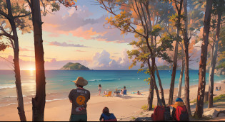 people sitting on the beach watching the water and the ocean, beach in the foreground, captured on iphone, beach trees in the background, shot with iphone 1 0, shot on iphone 1 3 pro, overlooking the beach, shot on iphone 1 3 pro max, at a tropical beach, person in foreground, in a beachfront environment, rocky foreground