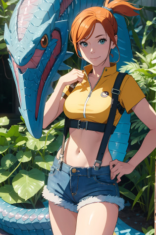 The centerpiece of the image is Misty from Pok�mon, standing outdoors with a confident smile. She has orange hair styled in a side ponytail, and is wearing denim shorts with suspenders over a yellow crop top that shows off her midriff and navel. Her short hair frames her face, while her cowboy shot posture exudes confidence and strength.

Misty is accompanied by a magnificent Dragon-headed monsterfish with a cute and long nose. The monsterfish has blue scales and fins, giving it a majestic appearance. Its snake-like body is covered in scales, reflecting the light with an iridescent shine. Despite its size, the monsterfish is endearing and cute, with a friendly expression and an affable demeanor.

Overall, the image is a masterpiece, with high-quality details and a realistic rendering of Misty, her outfit, and her companion monsterfish. The colors are vivid and eye-catching, and the image is high-resolution, capturing every nuance of Misty's confident and adventurous spirit. --s2