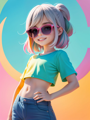 (obra-prima), (melhor qualidade), (ultra-detalhado), (corpo inteiro: 1.2) garoto adolescente, leve e detalhado, sorriso claro, corpo inteiro, :3, cabelo multicolor, curto,  pavor, moderno, sunglasses, Modern accessories, fundo tom pastel , colorido e simples.