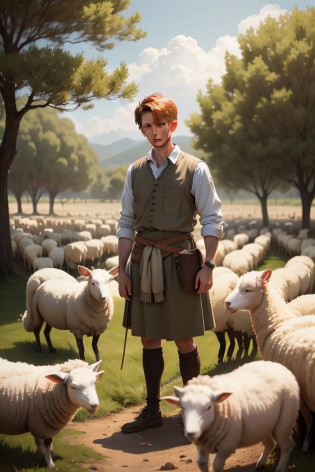 David A SHORT, SKINNY, RED-HAIRED BOY IN THE CLOTHES OF AN OLD TESTAMENT SHEEPHERDER TENDING THE SHEEP IN THE FIELD THE SHEEP ARE RUNNING,David A SHORT, SKINNY RED-HAIRED BOY IN THE CLOTHES OF AN OLD TESTAMENT SHEEPHERDER FROM THE BIBLE
This image captures David FROM THE BIBLE CARING FOR SHEEP  , o escolhido de Deus, enquanto cuida de suas ovelhas. He is in a pastoral setting, mostrando seu compromisso e responsabilidade. The soft colors and tranquility of the scene reflect the purity of heart that God values.