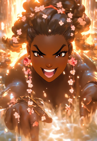 (((Dark skin, heavy set, chubby, fat, bulbous,)))(melaninated cherry blossom maiden),(Darkskin:1.2) sensual, cool, salacious, curvaceous, powerful, , random hair style, long hair, (hetrochromia eyes:1.2), (dark skin,) (chocolate-skinned female, statuesque, sensuously cool, braided black hair, soft heart-shaped face, concaved Nubian button nose, alluring, powerful. sensual, tone, and heavy and hearty body, heart hips, supple large pear breast,heart-shaped rear., cicular shades amber eyes:1.5 (,orange cherry blossom outfit),):1.2,(perfect details), (extremely fine and beautiful:1.1), (character shot) beautiful face, beautiful eyes, (detailed face, detailed eyes:1.2), detailed lip, shiny skin, oil skin, shiny hair,,(Cool smile:1.2), , (, random pov:1.2), , , dangerous:: (lots of steam:1.5),( cherry blossom waterfall:1.5),( ,fantasy),((magic, futuristic fantasy :1.5)),((grotto,cliff, watterfall:1.2)), various decoration),(cherry blossom field, highly detailed facial expressions, realistic expression, perfect peice, perfect prompt, full length, best quality, intricately accurate facial and physical structure, intricately realistic expression and emotion, accurate colored complexion, accurate body anatomy, , complex hair styles, intricate character detail, intricately expressive, intricate color desgin, complex emotions, pov, (ultra-detailed,5k, 717 gigapixels)((masterpiece), (best quality), (ultra-detailed), (masterpiece:1.2), (ultra-detailed:1.2), sense of depth, depth of field, (add layer:1.2), dynamic angle, scenery, dramatic lighting, volumetric lighting, golden hoursteven universe style,ComicCovers