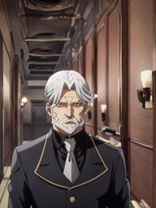 sebas <lora:sebas:0.7> 1boy 50yo old man, hair_slicked silverglay hair glaybeard glay mustache glay facial hair curtained hair, glay eyes, stocky muscular, tall person +++ black suit black collared shirt glay necktie white glove Aristocratic mansion red carpet, corridors Statue Vase of roses