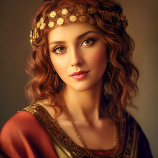 Arafed woman with a golden hat and a red dress, Um retrato impressionante de uma deusa, Retrato de uma bela deusa, retrato close-up da deusa, pintura digital renascentista, portrait of helen of troy, Retrato da Deusa Celta Diana, 8k portrait render, Retrato de Megara, retrato de beleza detalhado, retrato realista do renascimento, Retrato da Deusa, retrato bonito detalhado