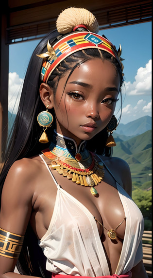 Imagine uma pintura cativante, escultura, or digital artworks that celebrate the unique beauty and cultural fusion of an East Asian young woman (Japanese) e centro-africano (South Sudan) descida. 

Elementos visuais:
1. retrato: Crie um foco central no rosto da menina, emphasizing its striking features that reflect its East Asian and Central African heritage. Ilustre seus olhos amendoados, pele escura, nariz nubiano, African lip, estrutura facial delicada, e um calor, sorriso radiante, evoking a sense of grace and inner strength.

2. Traje Cultural: Dress the girl in a combination of traditional Japanese and South Sudanese clothes. Combine the elegance of a Japanese kimono with vibrant, colorful fabrics found in South Sudanese cultural costumes, like a gorgeous patterned headwrap or a vibrant, tribal-inspired necklace. These elements should symbolize the girl's roots and honor her ancestral lineages.

3. Symbolic Images: Incorporate symbolic elements that represent the fusion of Japanese and South Sudanese cultures. Por exemplo, In the background, incluem cerejeiras em flor, symbolizing the beauty and transience of Japan, blending gently with African baobab trees, representing longevity and strength. Adicionalmente, Consider incorporating other symbolic elements, como peixes koi nadando ao lado da vida selvagem africana, signifying the coexistence of two vibrant ecosystems.

4. Background Story: Place the artwork in a setting that blends elements of East Asian and Central African landscapes. Mescle elementos como jardins japoneses serenos, with its meticulous arrangements of stones and water resources, ao lado de vastas savanas africanas com silhuetas de animais como elefantes ou girafas. This integration shows the harmony between different natural environments, mirroring the girl's harmonious heritage