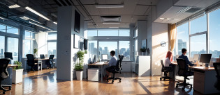 A lot of people are in the office?A lot of people are working?Computer, Sky outside the window?early evening?evening light?In the office, artstation hq, working in an office, At the office, office backdrop, in a open-space working space, in front of a computer, in a office