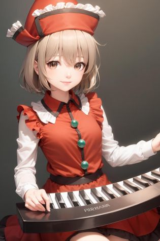 masterpiece, best quality,  <lora:lyrica:1>,lyrica prismriver, 1girl,smile,hat,brown hair,brown eyes,short hair,skirt,instrument, keyboard (instrument),grey background,