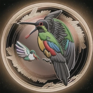 embroidered circle with hummingbird on black background and a lot of texture, frontal view, neon iridescent colors, embroidery style