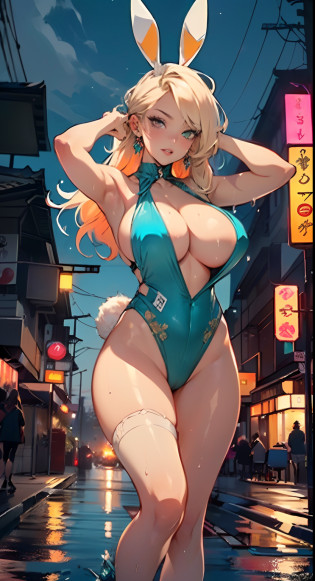 cute bunny girl,(((1girl))),((bunny girl with extremely cute and beautiful blonde hair)),(((bunny girl,anthro furry cute,bunny-girl))),(((bunny ears,bunny ears on head,big bunny ears))),

(large breasts:1.4),saggy breasts,(((blonde hair:1.35,colored inner hair,ear breathing,long hair))),(((heterochromia:1.5,eye1 green,eye2 orange))),intricate eyes,beautiful detailed eyes,symmetrical eyes,((fat)),(((lustrous skin:1.5,bright skin: 1.5,skin tanned,shiny skin,very shiny skin,shiny body,plastic glitter skin,exaggerated shiny skin,illuminated skin,wet legs))),(spider lower abdomen,narrow waist,wide hip,athletic body,inflated legs,delicate detailed fingers,detailed body,human hands,(detailed face)),

cute,slutty,seductive,erotic,(((nsfw))),

(((slingshot swimsuit))),(((huge cleavage))),((wet clothes,intricate outfit,intricate clothes)),

(dynamic pose:1.0),solo focus,embarrassed,(centered,scale to fit dimensions,Rule of thirds),

cyberpunk city by the ocean at night, with bright neon signs and dark stormy clouds and puddles, scenery:1.25,

highres, sharp focus, (ultra detailed, extremely detailed), (photorealistic artwork:1.37),(extremely detailed CG unity 8k wallpaper),((synthwave background theme)),(((vibrant colors))),(intricate background),(masterpiece),(best quality),