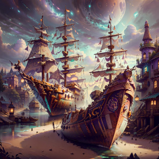 Computer visualized graphics, realistic fantasy, Extensive landscape ultra photography (general view, which shows a huge wooden sailing ship, with decks + 4, stern, hold, + sails + 4, + bow, + forecast, + stern, + cabins + decks), rocks, mountains, many ships, ocean, morning, dawn, full moon, night sky, blurred background, warm, yellow, purple background, pink, warm, magic, 