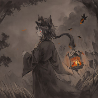 (masterpiece), best quality, 8k wallpaper, illustration, 1 girl, (cat girl), child, [deep skin|dark skin], dark orange eyes, glowing eyes, slit pupils, (blue hair), short hair, bangs, (whiskers), [maroon cat sunhat|cat ears], (hat bow:1.35), long purple scarf, flat chest, (closed firebrick robe), wide sleeves, sleeves past wrists, (sleeves past fingers), (leggings:0.85), (cat tail:0.6), looking to the side, [(lateral view)|(back view:1.35)], cowboy shot, dynamic angle, no light, (dark wheat field), in field, (fireflies:0.65), wide view, (night:1.2), (black sky), cloud, cirrus, [(dark shadow:1.2)|greyscale], (single high tower at far distance)

This 100%tag utilization and 100%The detachable rate will be a glimpse of the universal sequential formula?
Cat Hat and SunHat are two different tags?But because they have the same 