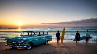 (Masterpiece Illustration:1. 1) of surfers standing around a beach fire, (Surfboards:1. 1), 1950's Ford "Woodie" station wagon, sunset , (1960's California Beach scene, beach boys, Santa Cruz , Malibu:1. 1) , Dramatic lighting, low shot, cinematic composition, large waves, <lora:add_detail:1>, 16k, UHD, HDR, (Masterpiece:1. 5), (best quality:1. 5)