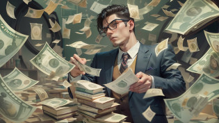 A detailed painting of an outsider in a suit, Surrounded by a barrage of dollar bills, Aim for a?Financial freedom formula?One book as the center.