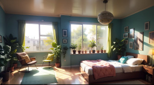 there is a bedroom with a bed and a chair in it, solarpunk room, solarpunk bedroom background, cozy retrofuturism 9 0 s bedroom, solarpunk decoration, solarpunk retro apartment, solarpunk interior, solarpunk teen room, galaxy themed room, futuristic d�cor, solarpunk children's room, solarpunk apartment, solarpunk environment, solarpunk apartment, in a solarpunk themed room, solarpunk looking living room,  many plants