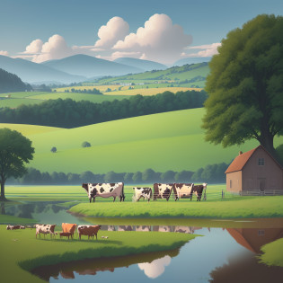 there are cows grazing in a field near a pond, laurent durieux, by rainer hosch, by Bernard D�Andrea, by Craig Thompson, countryside, by Hamish MacDonald, jane newland, by Bob Singer, by Derek Hill, by Maurice Braun, in the countryside, farms, by Hans Falk, by Andr� Beauneveu, landscape illustration