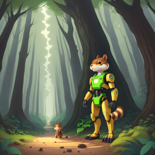 cartoon illustration of a cyborg squirrel standing in a forest, cute forest creature, 3 forest creatures, official illustration, children's book illustration, cute storybook illustration, children's book illustration, children's book illustration, children's book illustration, anthropomorphic beaver, children's book illustration, history book illustration,  colorful children's book illustration