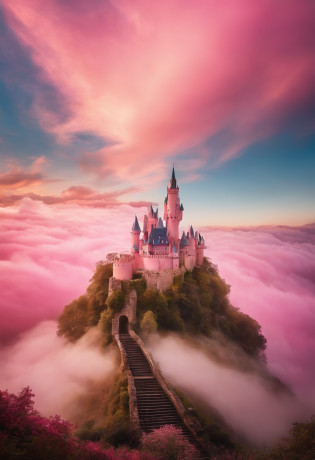 Castle on the Clouds, Multicolored cuttoncandy clouds, in Fairyland, Dreamy and romantic, Dreamy and dramatic atmosphere, Very magical and dreamy., Dreamy scenes, Pink Heaven, On the cloud, The sky is pink., heaven, In the land of white cloud fairies., Fantastic dreamlike atmosphere, Dreamy and ethereal., Still images from music videos