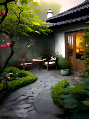 There is a small patio?There is a table and chairs inside, ceiling, Lush gardens, garden environment, courtyard, quiet and serene atmosphere, Garden setting, Lush chic garden, Lush garden setting, Beautiful garden, soothing and cozy landscape, plants and patio, sonoko, Beautiful terrace, cute style garden, garden at home, Peaceful environment, lush landscape?sun streaming in