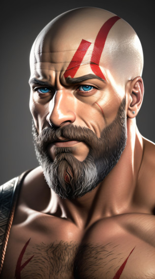 Photo RAW, A closeup of a man with a beard looking forward, God of War 2 0 1 8, Dwayne Johnson as Kratos, Sam Hyde in God of War 4, Kratos, God of War, Dwayne Johnson as God of War, Portrait of Kratos, Emma Watson as Kratos, still God of War movie,(highly detailed skin:  1.2), 8k uhd, dslr, soft lighting, high quality, Fujifilm XT3 and hyper realism
