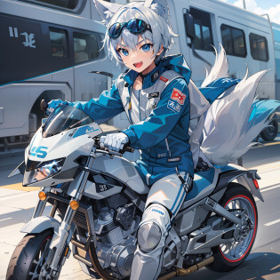 Game CG?((younge boy))?juvenile sense?Anime male protagonist?Wolf ears?Beast tail?Toothy smile?Fang?Locomotive goggles?Pisif?White-blue jumpsuit?White fingerless gloves?Racing boots?Motorcycle racer?Blue-silver locomotive?Full body like