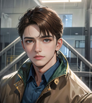 On the plastic track, on the school playground, heavy rain (high resolution, distinct_image) superb man, masterpiece, high detail, semi-realistic, brown short hair man, brown hair, short hair, medium hair, 18 years old, young, tall and strong, blackened coat, gray-blue clothes, students, college, dashing, natural, handsome, authoritarian, powerful aura, exquisite facial features, facial details, man standing on a huge playground, the sky is raining heavily, rain mixed with sweat on the man's body, school playground, The background is on a plastic track