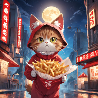 An exquisite CG illustration showcases a cute cat with big eyes enjoying crispy fried chicken and French fries in front of a KFC under the full moon. The cat is wearing a red outfit.