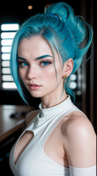 photo of a Bulma from Dragon Ball, white outfit, blue hair, lipstick, in Master Roshi Kame House, day, dragon ball aesthetics, long hair, ((portrait)), ((detailed face:1.2)), ((detailed facial features)), (finely detailed skin), pale skin, (detailed high neckline cyberpunk steel dress), cyberpunk megacity environment, (cool colors), damp, damp, reflections, (masterpiece) (perfect proportion)(realistic photo)(best quality) (detailed) photographed in a Canon EOS R5, 50mm lens, F/2.8, HDR, (8k) (wallpaper) (cinematic lighting) (dramatic lighting) (sharp focus) (intricate)