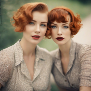 MODELSHOOT STYLE
DREAMLIKEART
POSTAPOCALYPSE
ANALOG STYLE
CYBORGDIFFUSION
(two womans) 30s (freckles:0.8), wavy redhead 1950s styled and blonde with pixie cut, kissing, lips, smile, sensual,  photograph hairstyle pixie, black unbuttoned blouse, highly detailed face, sharp focus, bright eyes