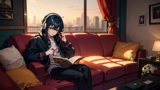 arafed girl with headphones sitting on a couch in a room, menina usando fones de ouvido, listening to music, listening to godly music, Fones de ouvido ligados, retrato de alta qualidade, vibing to music, Usando fones de ouvido, com fones de ouvido, capa de revista, cenario de Lofi, Shutterstock, listening to music at 2 am, Foto retrato suave 8 k, music being played