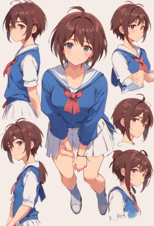 (reference sheet:1.0), (infographics:1.15), (blueprint:1.25), (pencil drawing:1.25), (Rough sketch: 1.25), (aquarelle: 0.8), 1girll, (Various facial expressions, Emotions:1.1), (a variety of poses, dynamicposes:1.1), Upper body, (Cowboy shot:1.2), (full bodyesbian:1.3)

(1girll, Solo:1.5),18yr old ,kawaii, Casual, Skirt,