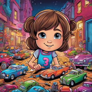 Cartoon, a cute little girl, brown hair, playing with small diecast cars, clay cartoon, extremly high resolution, sharp 3d art illustration, fluorecent colors, graffiti colorful street murals, lot of neon lights on backgroundCartoon, a cute little girl, brown hair, playing with small diecast cars, clay cartoon, extremly high resolution, sharp 3d art illustration, fluorecent colors, graffiti colorful street murals, lot of neon lights on background Comic Book