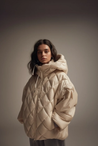The woman in the photo is standing against a beige background, a Tumblr personality. Her outfit consists of a reflective puffer jacket and a poncho, both of which are in a stylish off-white color scheme. This ensemble could be a reference to an internet meme or trend, and it is currently trending on the design and architecture website Dezeen. The photo appears to be from a catalog, showcasing the latest in fashion trends for 2024. The accessories on display include a mac, a pair of 8. 0 LV sunglasses, and a folded piece by Mike and Wojtek Fus. Overall, this outfit embodies the cutting-edge fashion of the year and is sure to turn heads. --ar 2:3 --v 5 --s 750