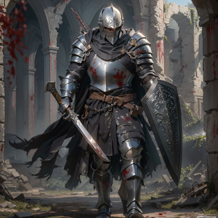 Numerous award-winning masterpieces, with incredible detail, textures and maximum detail, masterpiece, best quality, ultra-detailed, ((Agile warrior)), warrior of long military service, (short silver hair), have piercing blue eyes, (((A simple medieval knight's black helmet covering the entire head))), Cover the mouth with a face guard, (((Jet-black full-body metal armor))), He wears a helmet that covers his face, (Armor considerably damaged in battle), (((Medieval knight's armor))), ((Simple metal full-body armor with ornate decorations)), ((Armor scarred and worn from battle)), (((He has a large double-bladed battle axe))), sword sheath at his waist, dark brown leather boots, ((He has a large double-bladed battle-axe)), moss green cape over his shoulders, (blood-soaked gray skirt), ((((Ruins of an old castle)))), ((((Ruins of an ancient castle)))), (((Crumbling ruins))), (((Forgotten Ancient Ruins))), ancient battlefield,