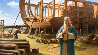 arafed wooden boat in a field with a man standing next to it, noah's ark, bible illustration, archimedes, a digital rendering, the tower of babel, trireme, construction, tower of babel, moses, by Wayne England, illustration matte painting, inspired by Moses van Uyttenbroeck, biblical painting, inspired by Robert Noble