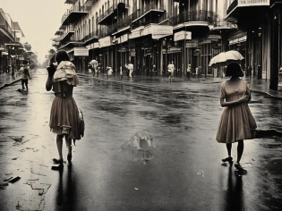 Sepia-toned, vintage photograph of a girl walking down Bourbon Street, light falls on her face, decrepit street filled with debris, filth and trash, street damp after the rain, street photography, newspaper photography, gonzo photography, clothes are wet, face beautiful, 1960s New Orleans, sharp focus