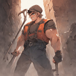 Create a logo for a hardware trade with the following description: Estilo: Cartoon realista Formato: PNG Cores: Preto e branco Elementos principais: A brick wall in sight with a hole being repaired by a professional with a strong Thor-like physique and a well-defined face appearance, uniformed with construction overalls. He should be holding a sledgehammer in his right hand and a screw between his lips in his mouth. Detalhes: O rosto do profissional deve ser realista e bem detalhado. The broken wall with the hole should also be detailed with lighting. The screw held between the lips of the professional should be visible and well highlighted. action: The professional must be working in construction, using the sledgehammer tool in one hand and knocking down the brick wall in sight with the sledgehammer. Remember that the logo should convey the idea of a hardware trade, That is why it is important that the professional is performing an activity related to the construction and repair of walls.