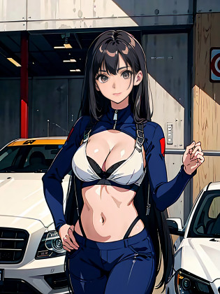 1girll,Solo,Zero, Slender, big breasts beautiful, Young, Little woman, Coveralls,a repairman,tightsuit, navel,cleavage,Large breasts,The Car,Garage,Garage