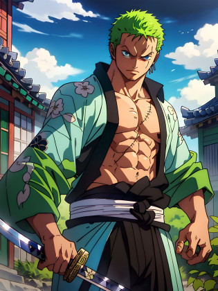 Roronoa Zoro (Masterpiece, 4k resolution, ultra-realistic, very detailed), (Theme of white samurai, charismatic, there is a swordsman next to a Japanese 